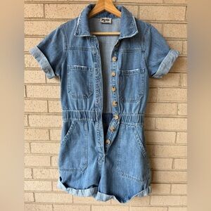 Show Me Your Mumu Denim Blue Romper Shorts Button Down Pockets Small